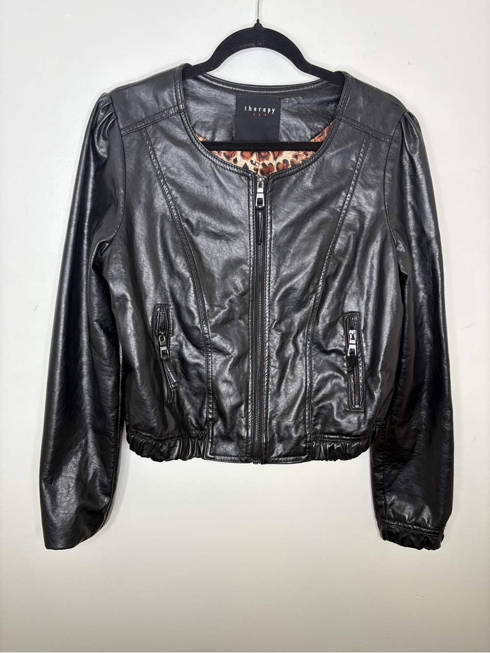 therapy Black Faux Leather Cropped Zip Jacket with Leopard Lining